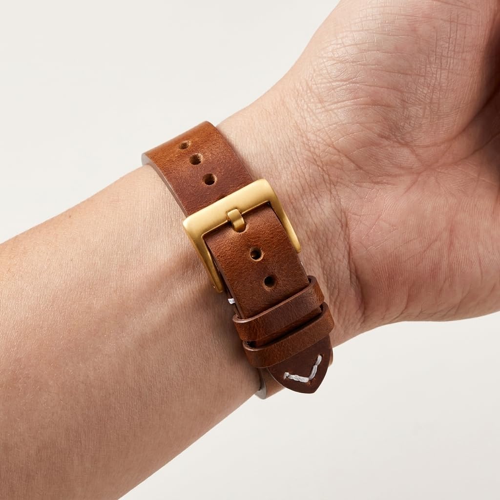 Omax Tan Genuine Leather Watch Strap – Golden Buckle, Handcrafted V-Stitch, Quick-Release | FS328