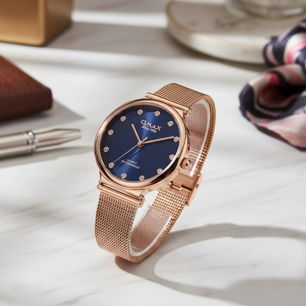 Omax Women's Blue Dial Rose Gold Mesh Watch – Stainless Steel, Quartz | 00FMB0166004
