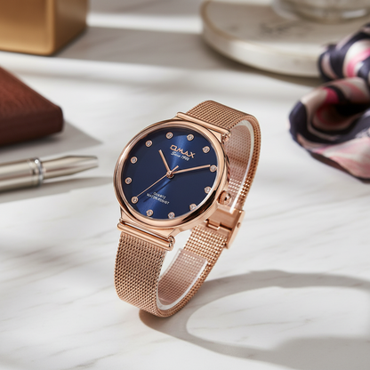 Omax Women's Blue Dial Rose Gold Mesh Watch – Stainless Steel, Quartz | 00FMB0166004