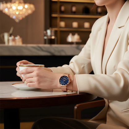 Omax Women's Blue Dial Rose Gold Mesh Watch – Stainless Steel, Quartz | 00FMB0166004