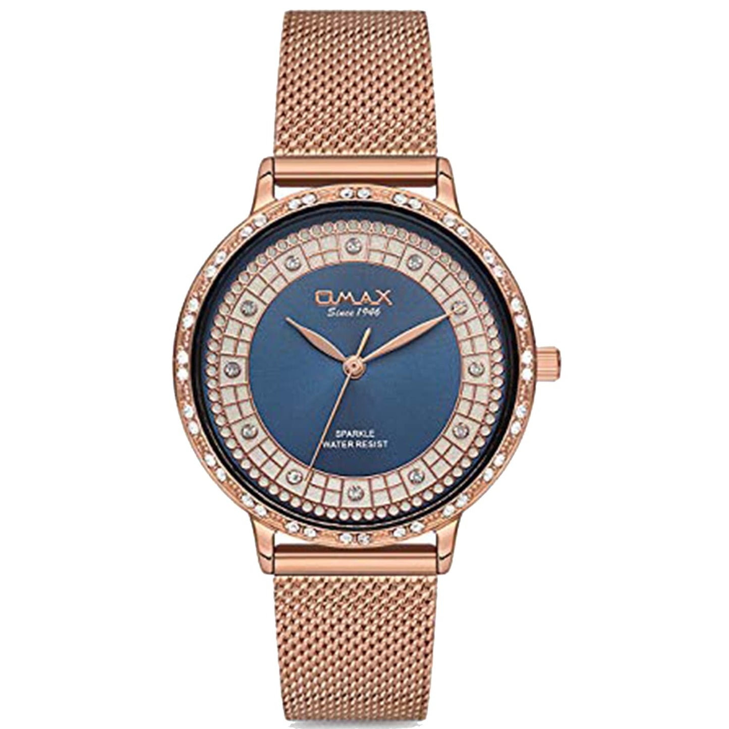 OMAX Women's Analog Watch – Elegant Blue Dial with Rose Gold Stainless Steel Case, Stylish and Slim Design for Everyday Wear- SPM01R48I