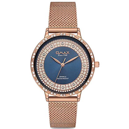 OMAX Women's Analog Watch – Elegant Blue Dial with Rose Gold Stainless Steel Case, Stylish and Slim Design for Everyday Wear- SPM01R48I