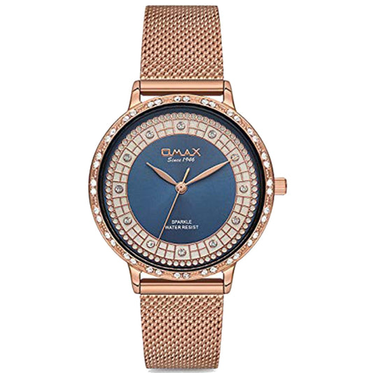 OMAX Women's Analog Watch – Elegant Blue Dial with Rose Gold Stainless Steel Case, Stylish and Slim Design for Everyday Wear- SPM01R48I