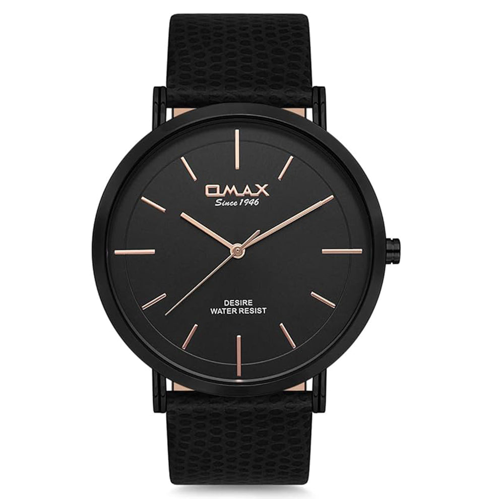 Omax Black Dial Black Leather Rose Gold Index Watch for Men – DX31M22O