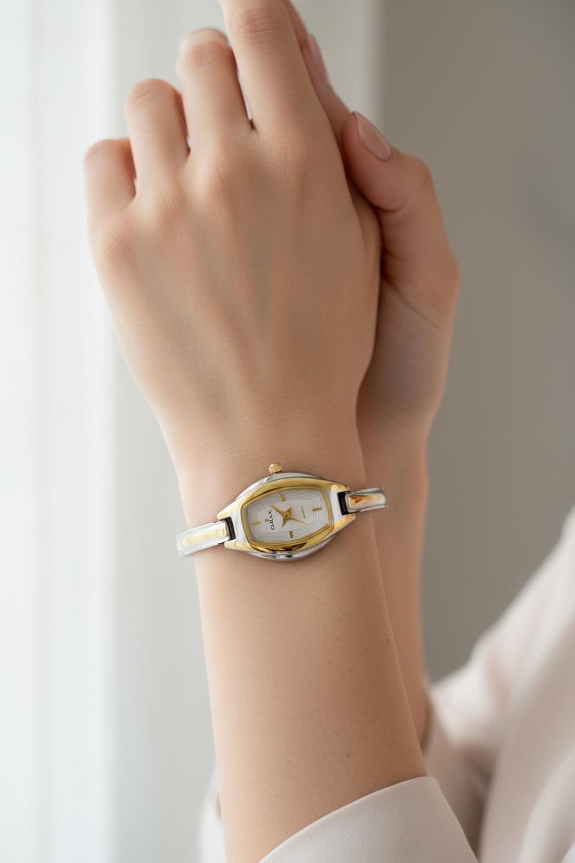 Omax Women's Golden Rectangle Dial Two Tone Steel Bracelet Watch – Analog, Quartz | BLS203A003