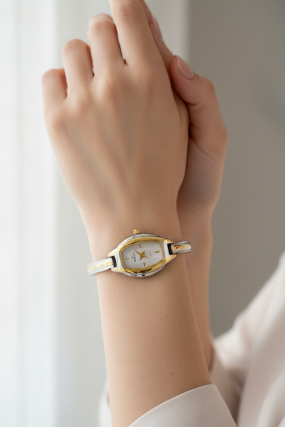 Omax Women's Golden Rectangle Dial Two Tone Steel Bracelet Watch – Analog, Quartz | BLS203A003