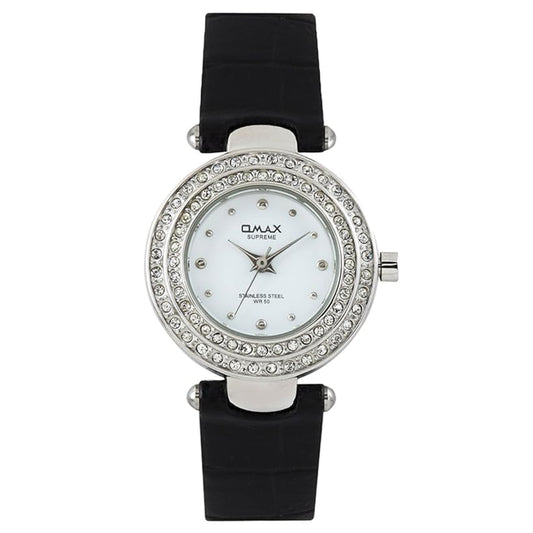 Omax White Dial Black Leather Strap analog Watch for Women-LS131