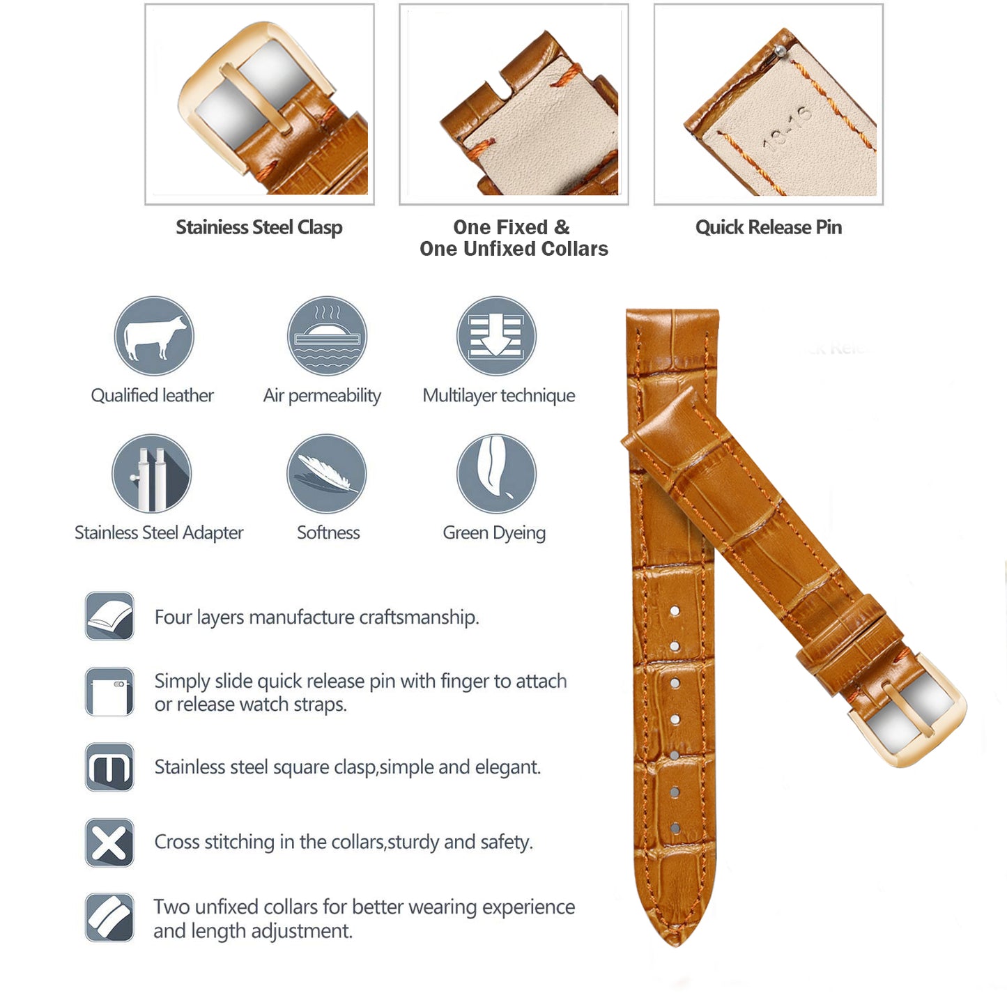 Boshek Tan Genuine Leather Croco Design Watch Strap for Quick Release and Self Changeable FS352