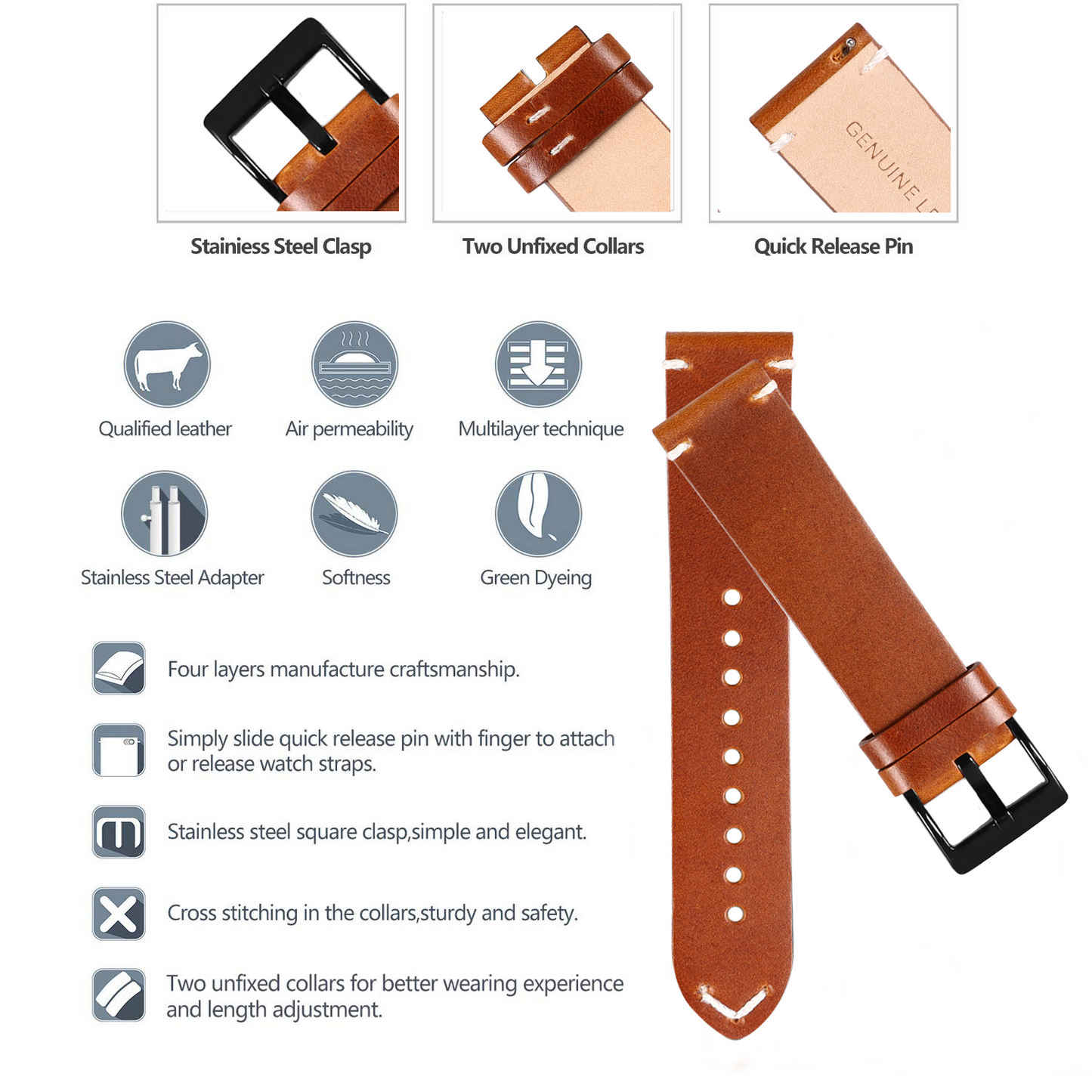 MAX Quick Release Watch Strap/Band 22 MM, Genuine Leather Watch Strap for all Watches | Huawei Watch | Fossil Watch | Amazfit Watch | Oneplus Watch| Seiko Watch FS328