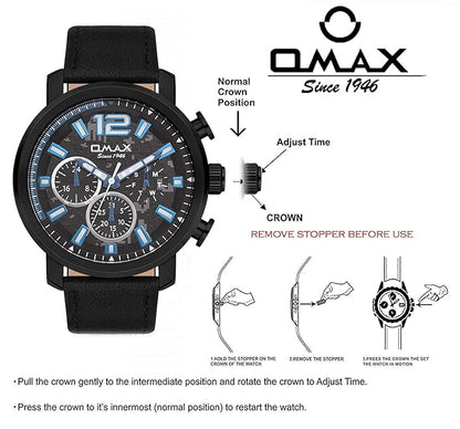 Omax Chronograph Display Quartz Multifunction Dial Genuine Leather Strap Casual Watch GX15M22B