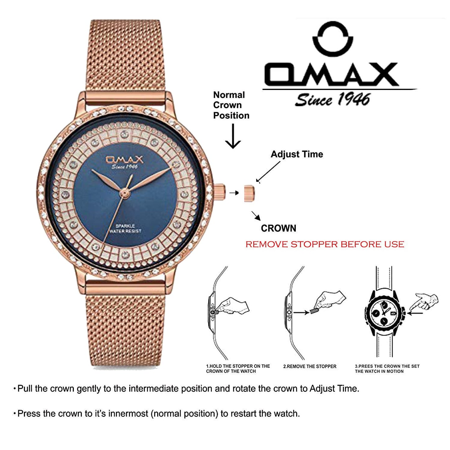 OMAX Women's Analog Watch – Elegant Blue Dial with Rose Gold Stainless Steel Case, Stylish and Slim Design for Everyday Wear- SPM01R48I