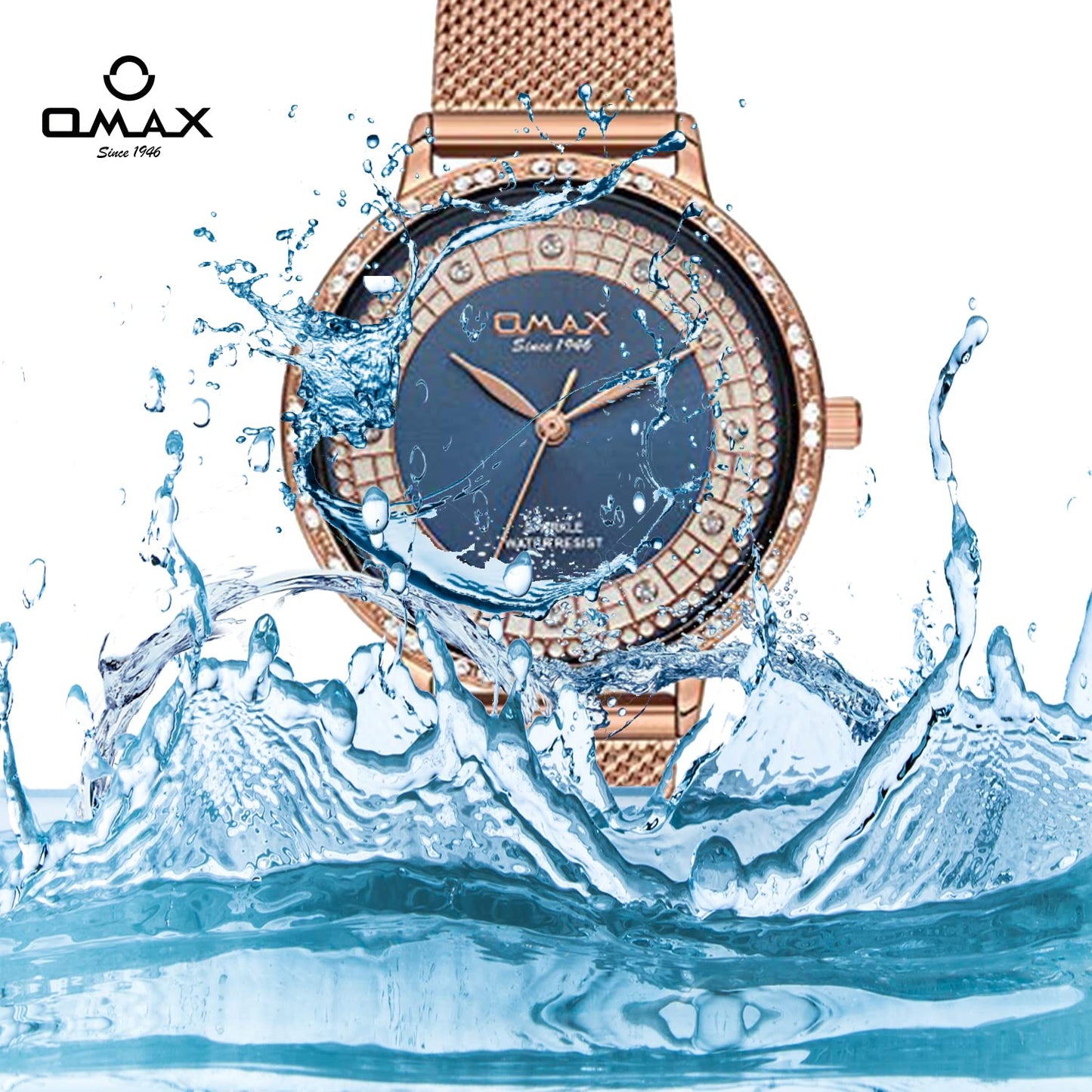 OMAX Women's Analog Watch – Elegant Blue Dial with Rose Gold Stainless Steel Case, Stylish and Slim Design for Everyday Wear- SPM01R48I