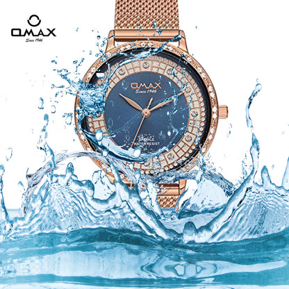 OMAX Women's Analog Watch – Elegant Blue Dial with Rose Gold Stainless Steel Case, Stylish and Slim Design for Everyday Wear- SPM01R48I