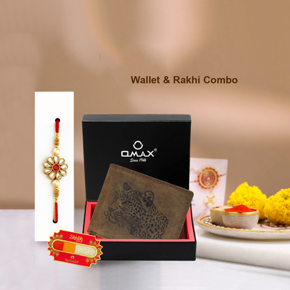 OMAX Brown Leopard Embossed Design Genuine Leather Mens Wallet with Free Rakhi for Brother RBFW253