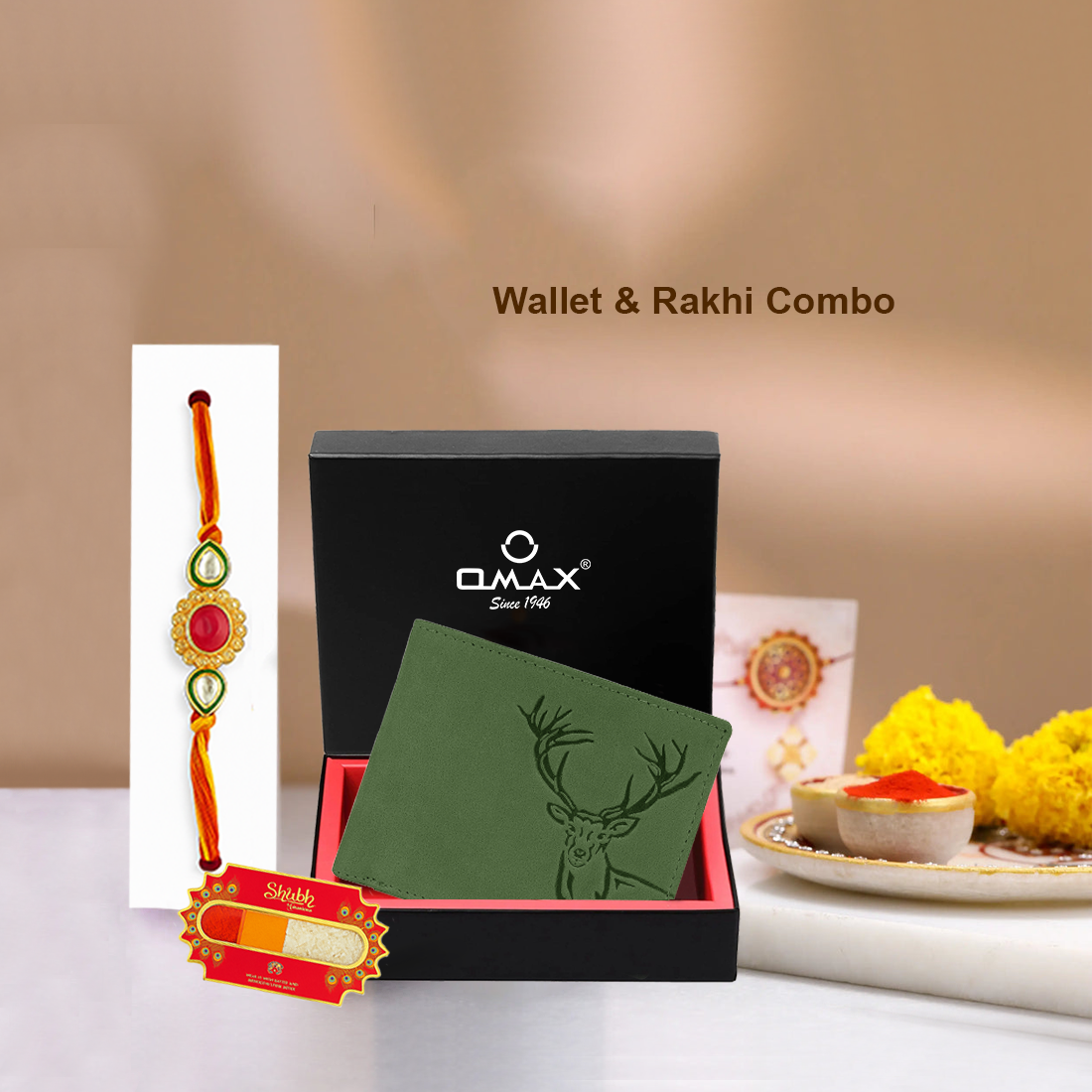 OMAX Olive Elk Embossed Design Genuine Leather Mens Wallet with Free Rakhi for Brother RBFW253