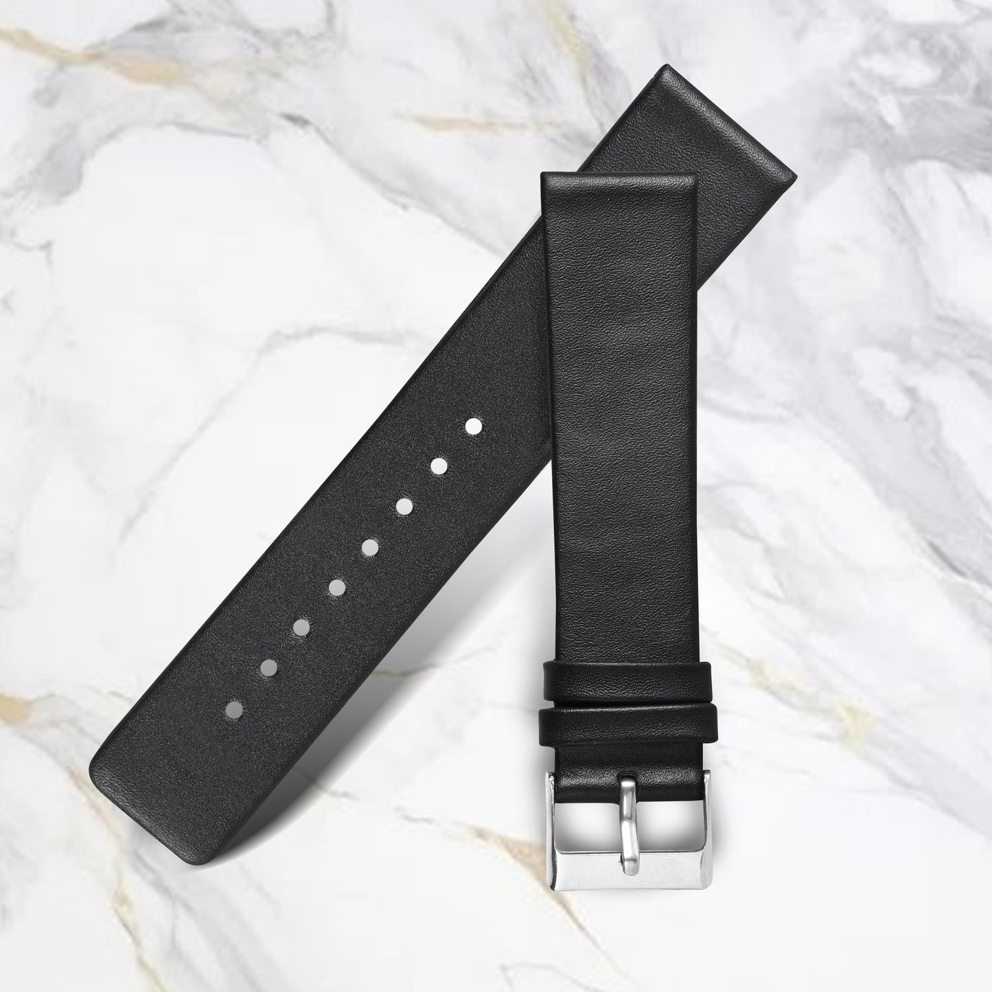 Boshek Black Solid Genuine Leather Silver Buckle Watch Strap for Quick Release and Self Changeable FS343