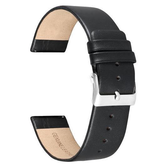 Boshek Black Solid Genuine Leather Silver Buckle Watch Strap for Quick Release and Self Changeable FS343