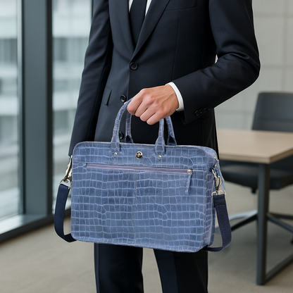 Omax Blue Genuine Leather Croco Design with Metal Zipper Laptop Bag for Men and Women LTHR02