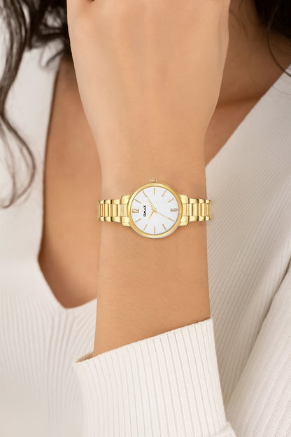 Omax White Dial Golden Stainless Steel  Case and Strap Watch for Women