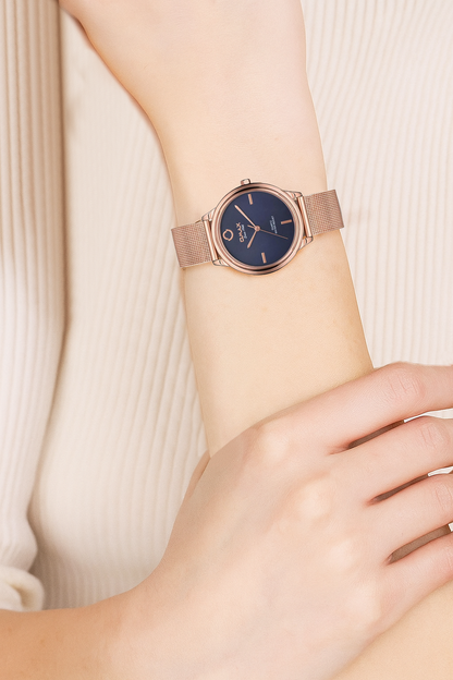 Omax Blue Dial with Rose Gold mesh Stainless Steel  Strap for Women