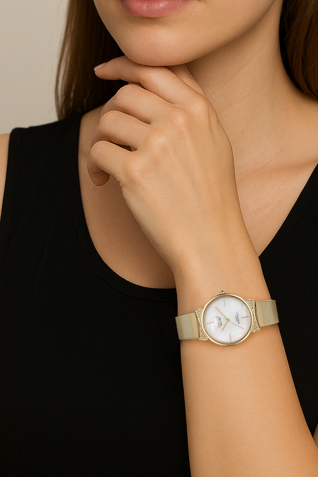 Omax White Dial Golden Case, Index, Golden Stainless Steel Mesh Strap Women Watch -00FMB018Q000