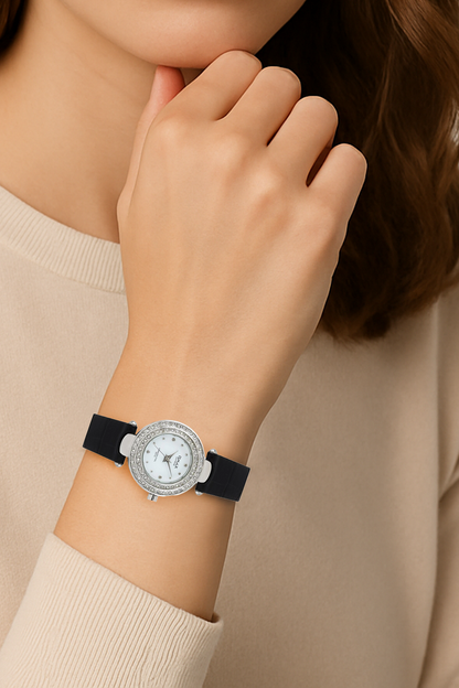 Omax White Dial Black Leather Strap analog Watch for Women-LS131