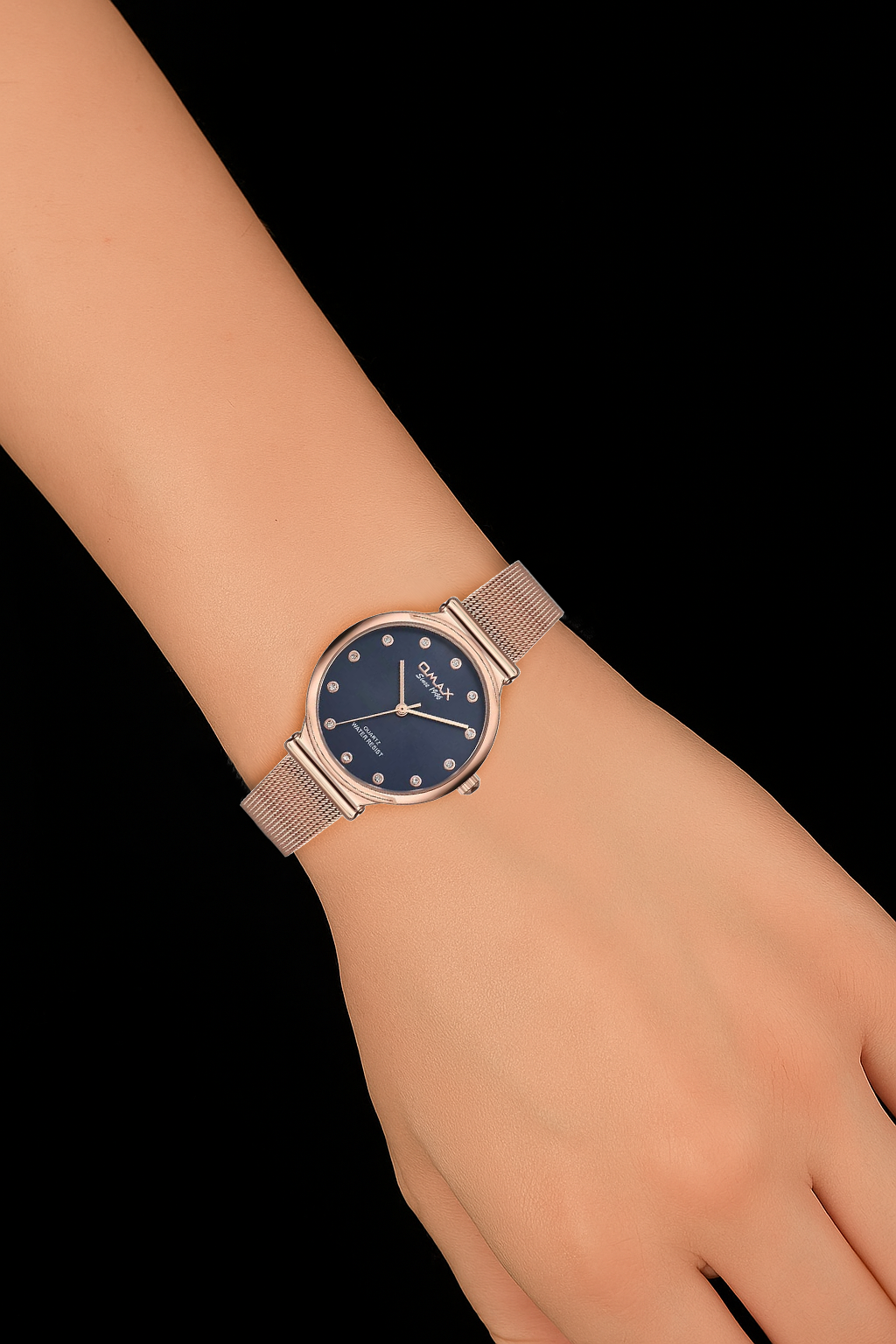 Omax Blue Dial Rose Gold Stainless Steel Mesh Band Watch for Women -00FMB0166004