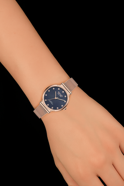 Omax Blue Dial Rose Gold Stainless Steel Mesh Band Watch for Women -00FMB0166004