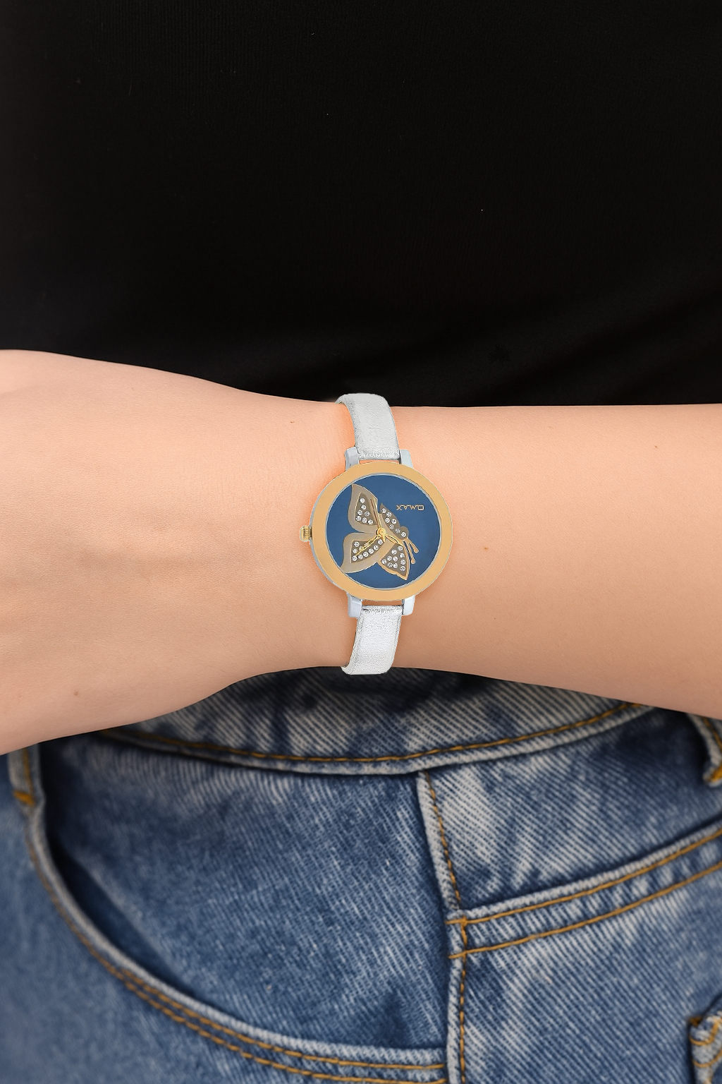 Omax Blue Dial Butterfly Design With Genuine Leather Silver Foil Strap watch for Women-LS312