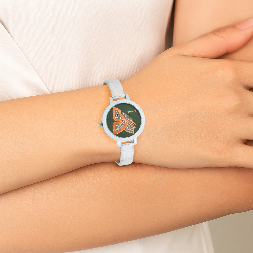 OMAX Green Dial Butterfly Design With Genuine Leather Silver Foil Strap watch for Women-LS311