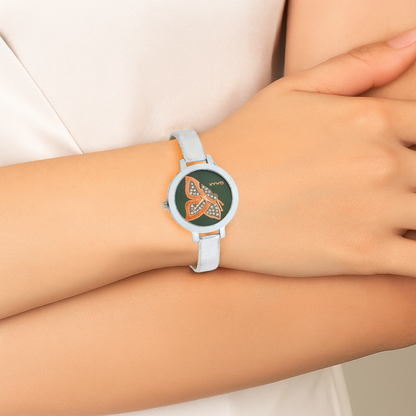 OMAX Green Dial Butterfly Design With Genuine Leather Silver Foil Strap watch for Women-LS311