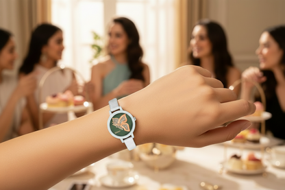 Omax Women's Green Butterfly Dial Silver Foil Genuine Leather Strap Watch – Analog, Quartz | LS311