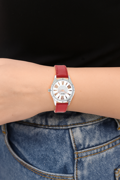 Omax White Dial ,Silver Case, with Red Genuine Leather Strap watch for Women LS304