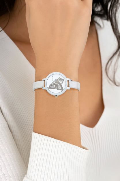 Omax White Butterfly Designed Dial with Foil printed Silver Genuine Leather Strap Watch for Girls and Women LS309
