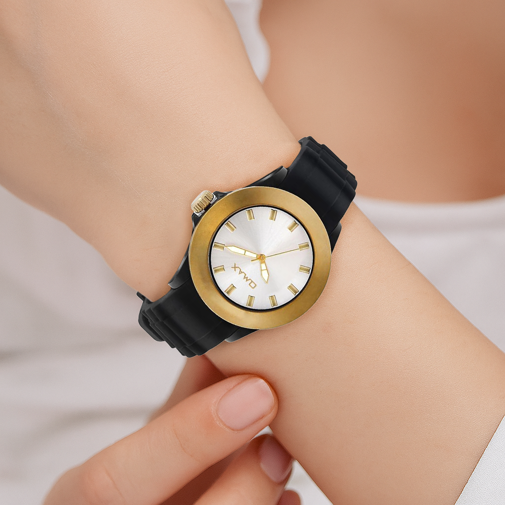 Omax White Dial Gold Case with Black Silicone Strap Wach for women TS484