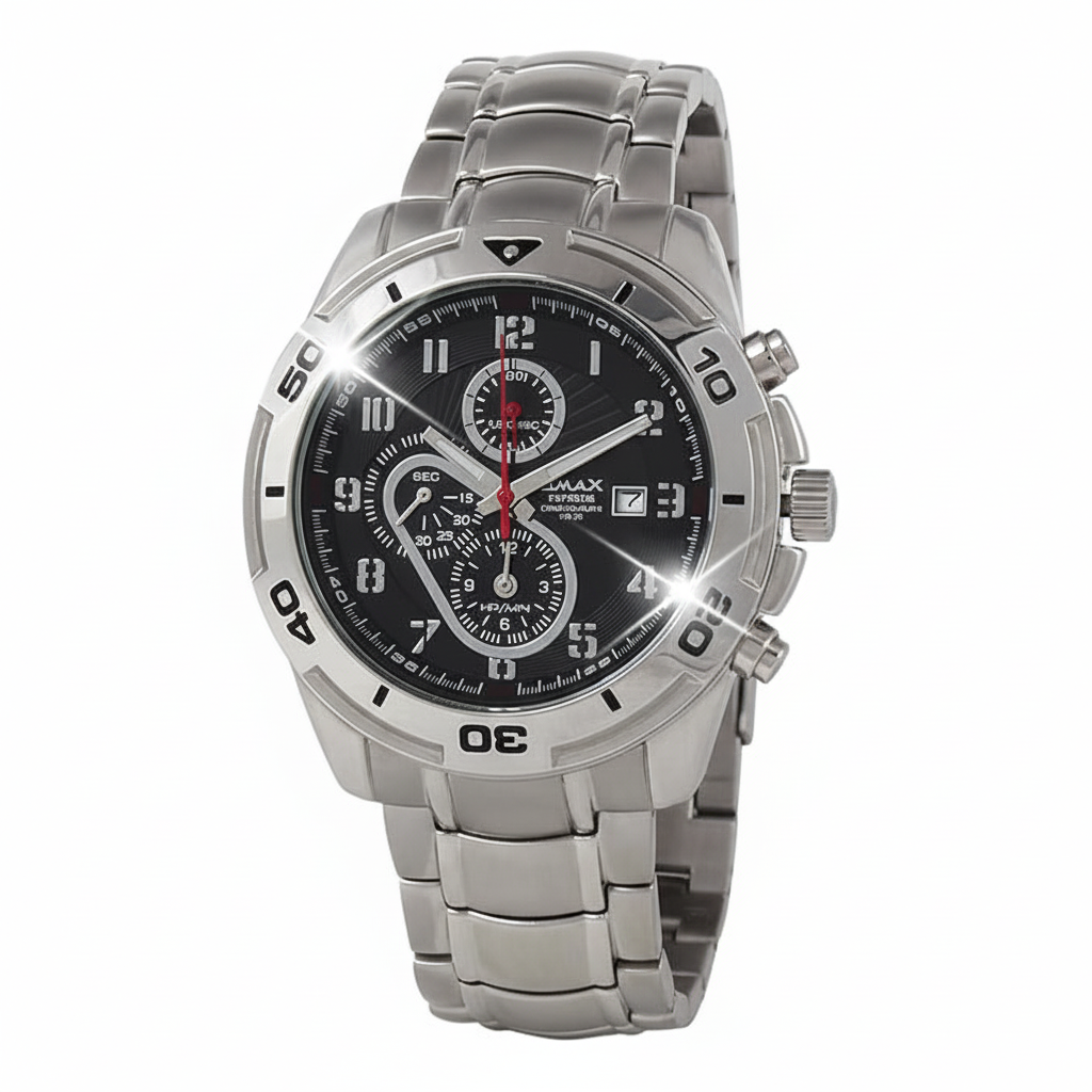 OMAX Black Chronograph Dial Red Contrast Hand, Solid Strong Silver Stainless Steel Bracelet Chain Watch for Men-CS128