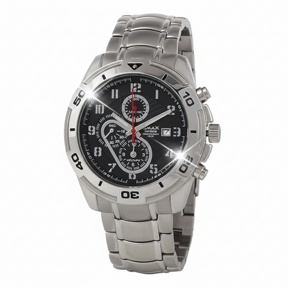 OMAX Black Chronograph Dial Red Contrast Hand, Solid Strong Silver Stainless Steel Bracelet Chain Watch for Men-CS128