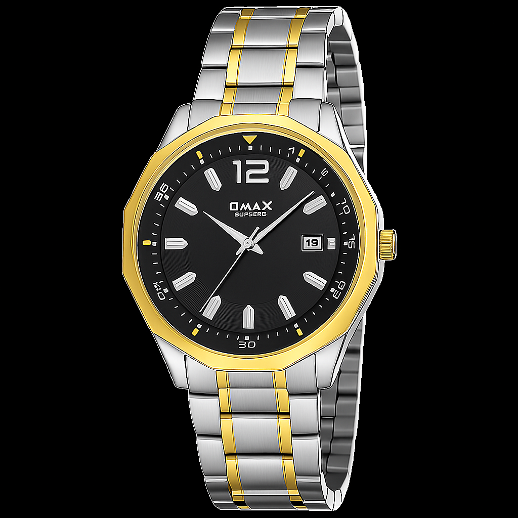Omax Black Dial Stainless Steel Two Tone Gold and Silver Chain Watch for Men-BGS440