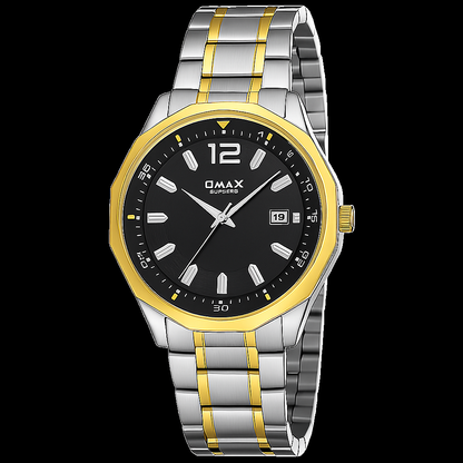Omax Black Dial Stainless Steel Two Tone Gold and Silver Chain Watch for Men-BGS440
