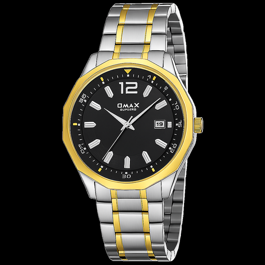 Omax Black Dial Stainless Steel Two Tone Gold and Silver Chain Watch for Men-BGS440