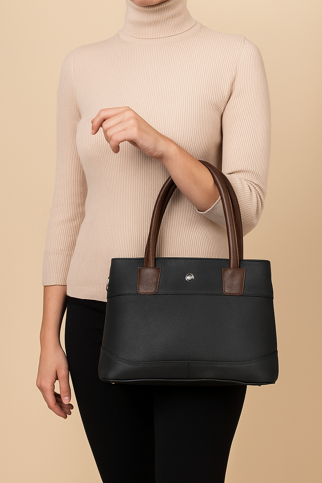 Omax Black Solid Genuine Leather Stylish Double Compartment Shoulder, Tote Handbag for Women LTHRL4