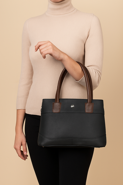 Omax Black Solid Genuine Leather Stylish Double Compartment Shoulder, Tote Handbag for Women LTHRL4