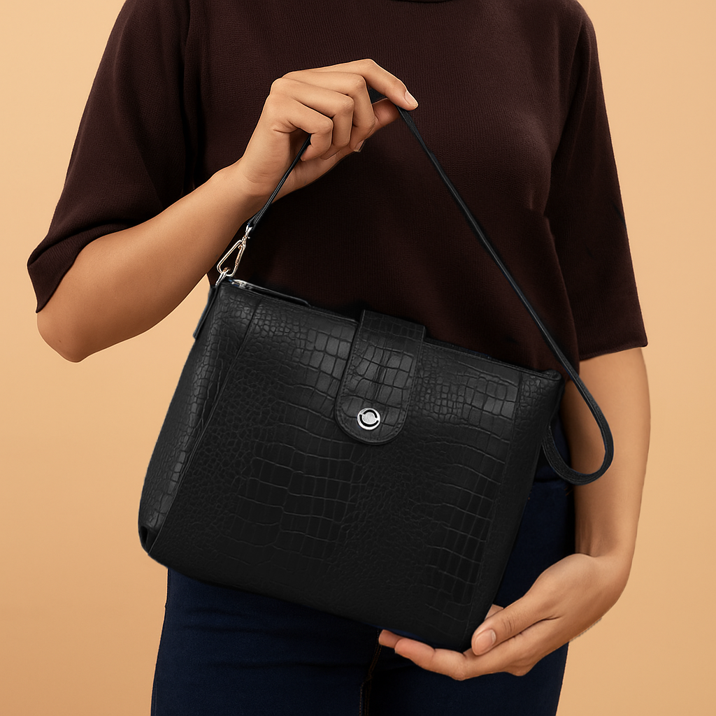 Omax Black Croco Printed Genuine Leather Shoulder Ladies Handbag a perfect blend of style FL11