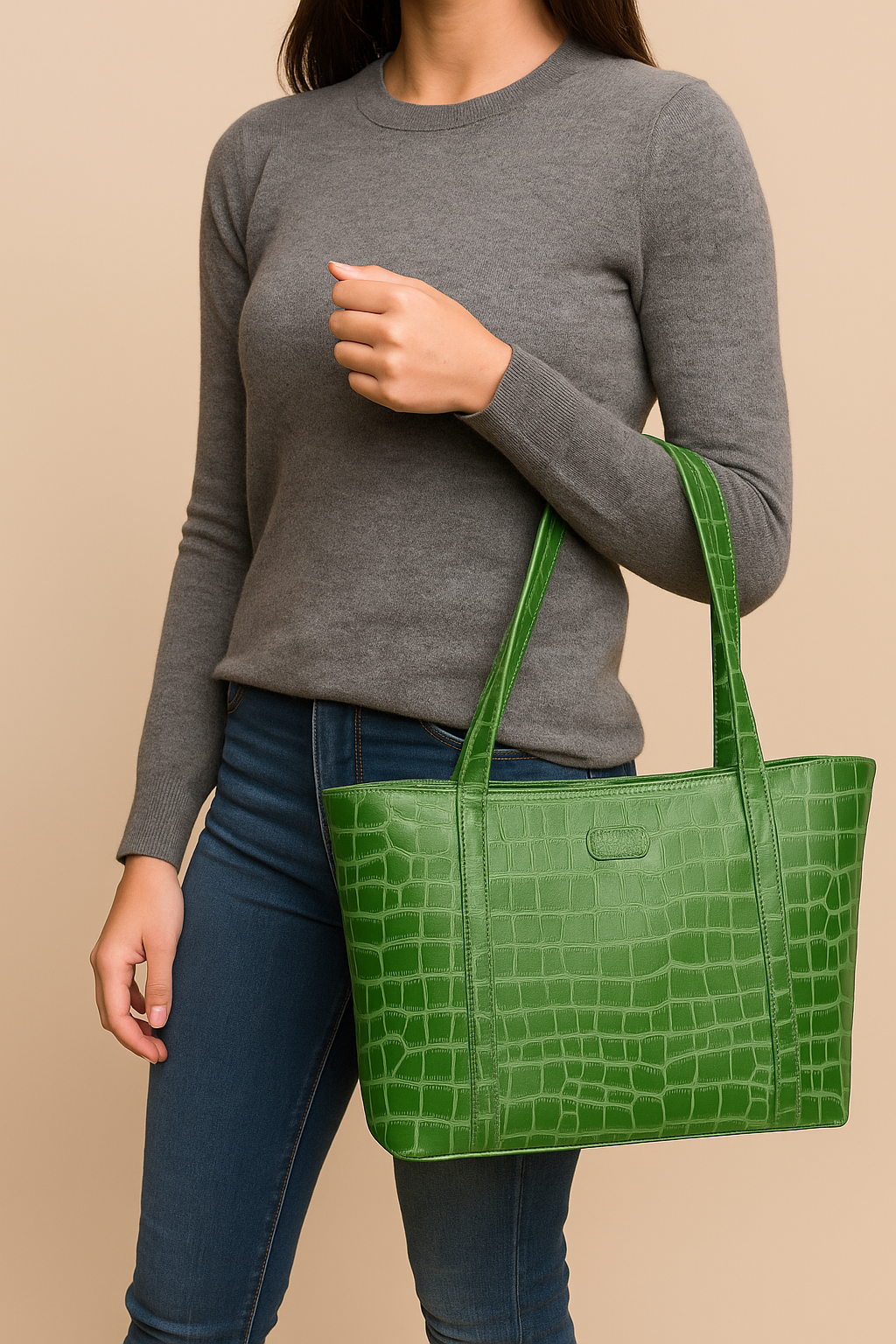 Omax Olive Croco Genuine Leather Medium Tote Handbag for women LTHRL7