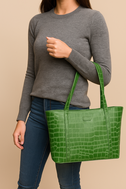 Omax Olive Croco Genuine Leather Medium Tote Handbag for women LTHRL7