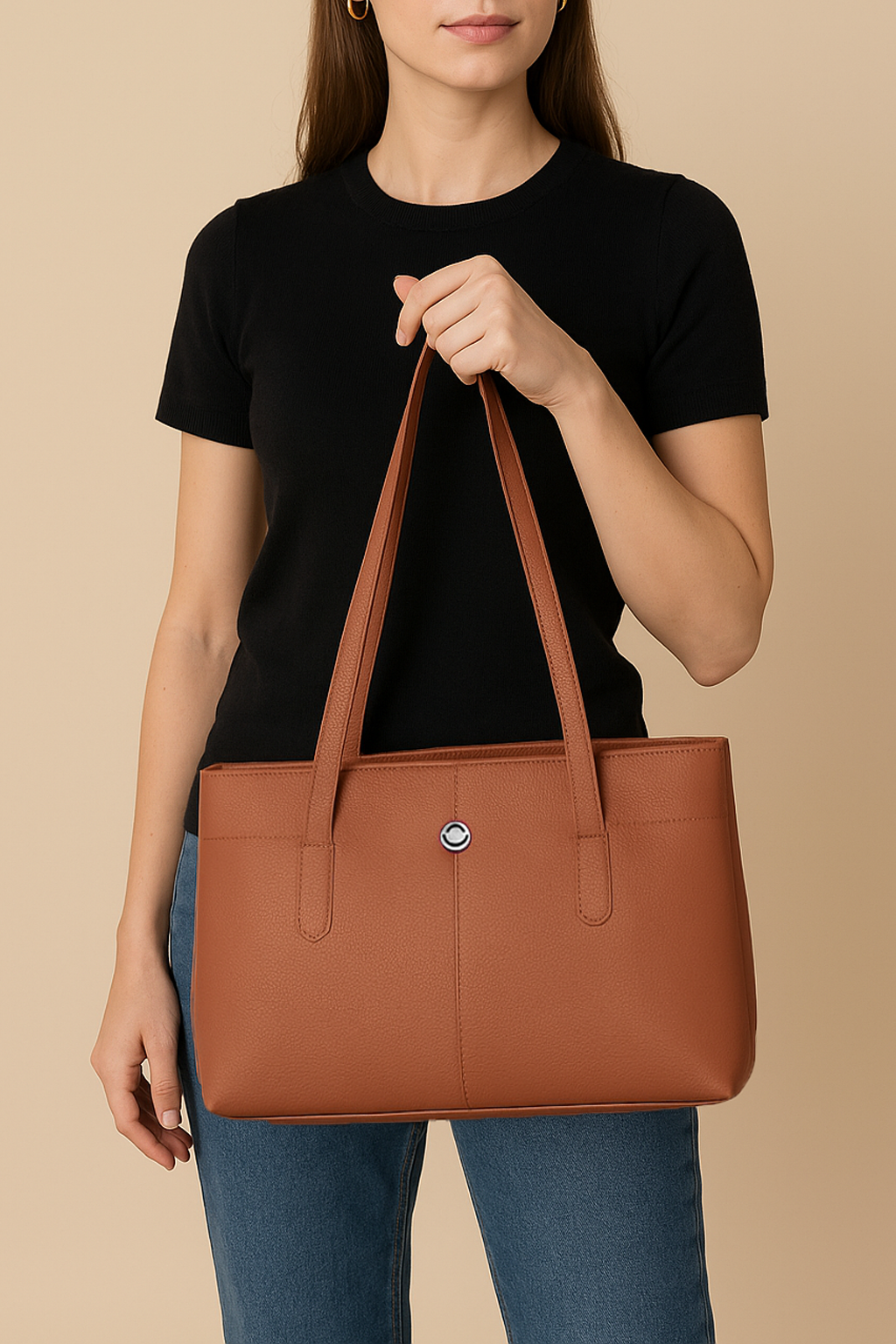 Omax Tan Genuine Leather Double Compartment Shoulder Handbag for Women LTHRL6
