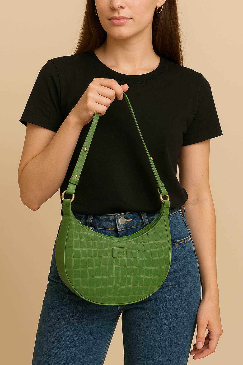 Omax Green Halfmoon Design Genuine Leather Sling Bag LTHRL5