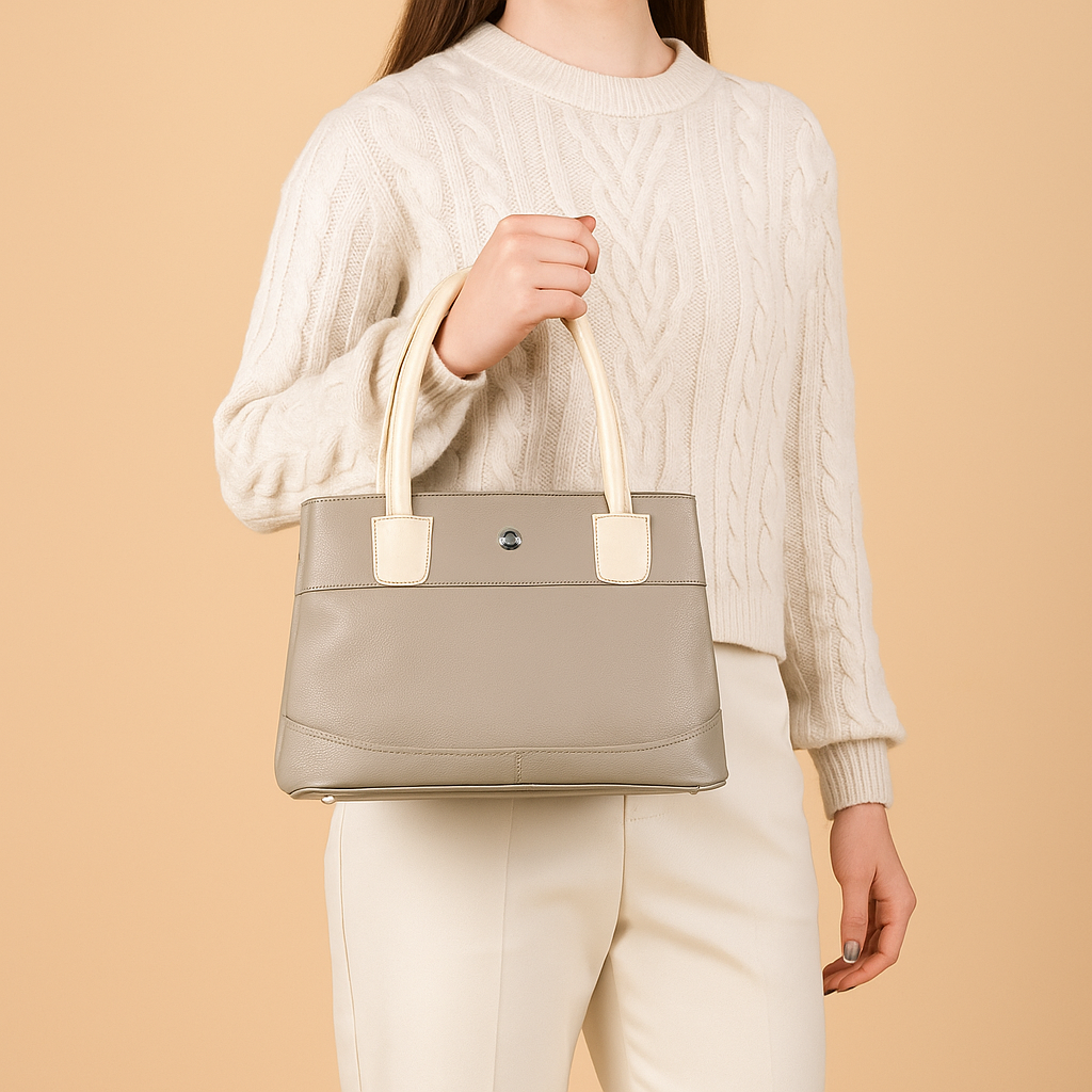 Omax Beige Solid Genuine Leather Stylish Double Compartment Shoulder, Tote Handbag for Women LTHRL4