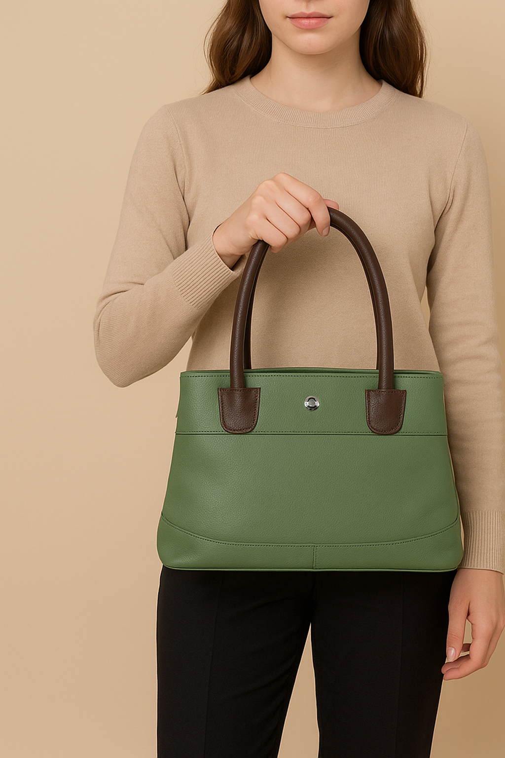 Omax Olive Solid Genuine Leather Stylish Double compartment Shoulder, tote Handbag for Women LTHRL4