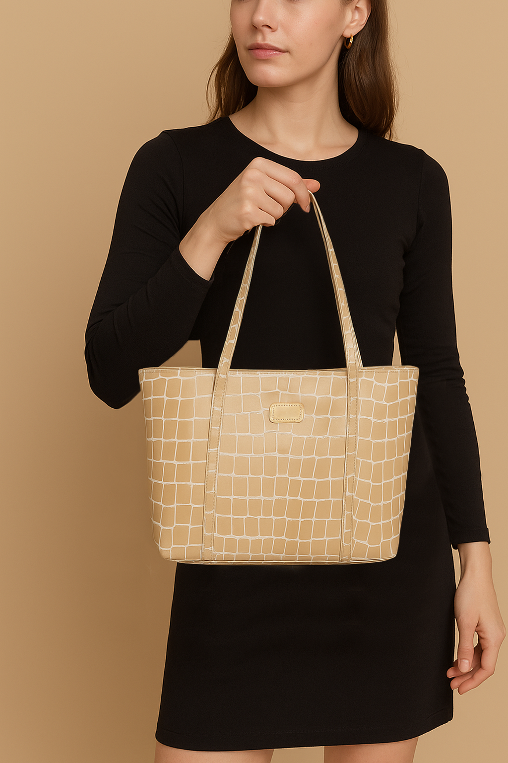 Omax Beige Croco Genuine Leather Medium Tote Handbag for women LTHRL7